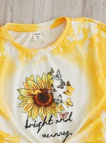 SHEIN 太陽花和英文字母圖案tee+喇叭褲的少女裝 - 彩色 - 查看 6