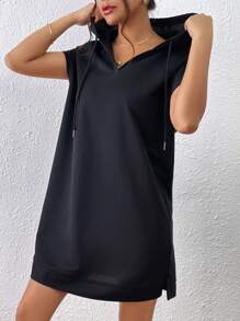 SHEIN Frenchy 素色蝙蝠袖抽繩連帽連衣裙 - 黑色 - 查看 3