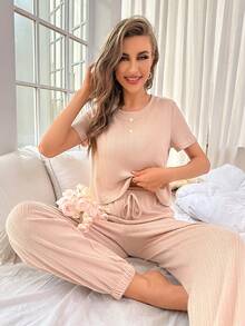 Solid Ribbed Knit Lounge Set
