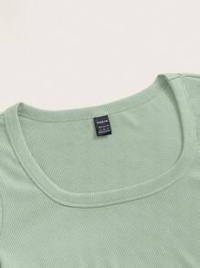 SHEIN EZwear Áo thun nữ Gân đan màu trơn Giải trí - Màu xanh Bạc hà - Xem 5
