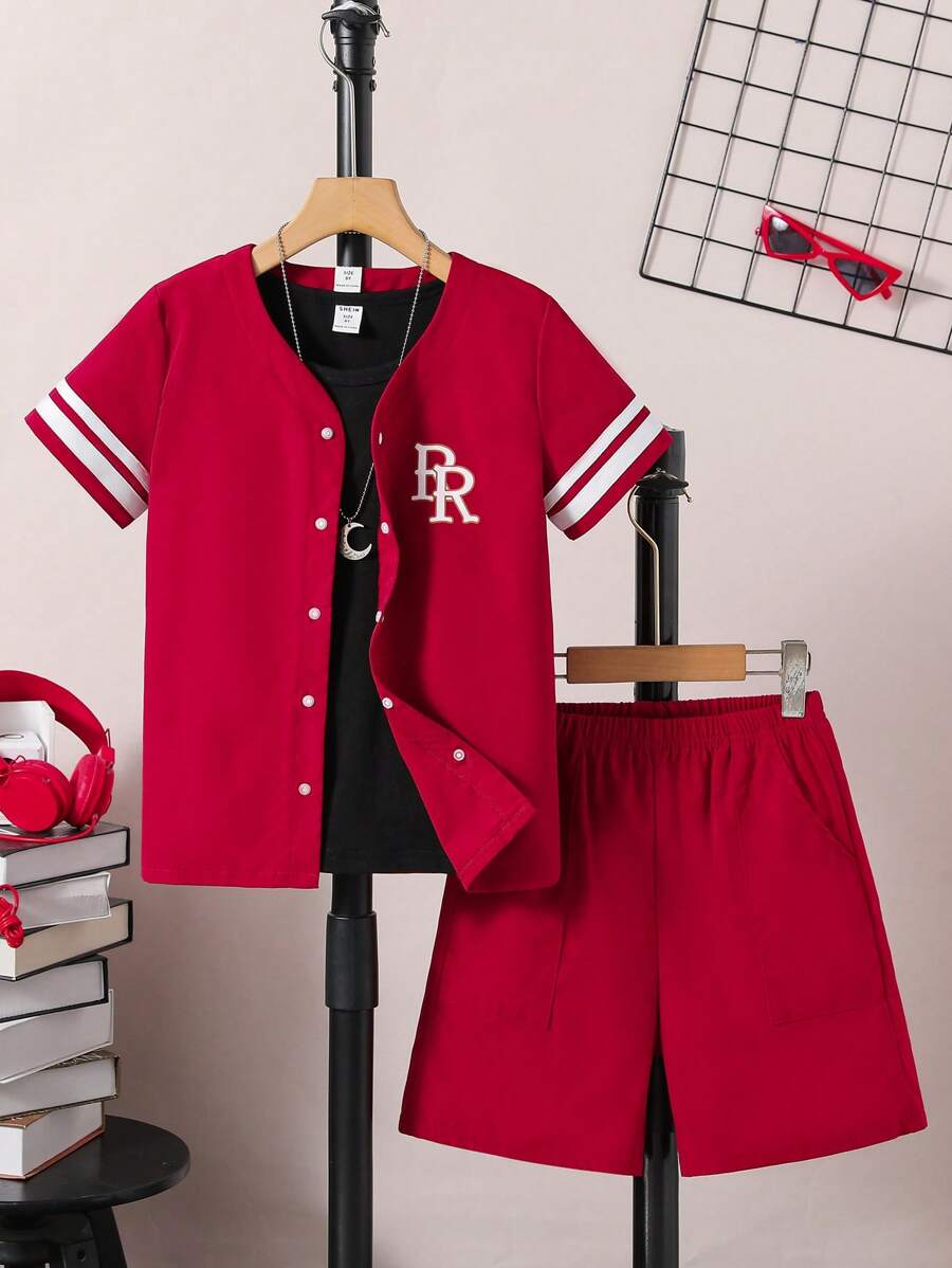 SHEIN Bộ hai mảnh Gái Túi Nút phía trước Lá thư Sọc Giải trí - Nhiều màu - Xem 1