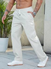 Manfinity Homme 男士寬鬆款系帶腰筒褲長褲純淺灰色休閒外出 - 白色 - 查看 5