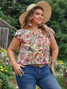 SHEIN VCAY 大碼印花花瓣袖襯衫 - 彩色 - 查看 4