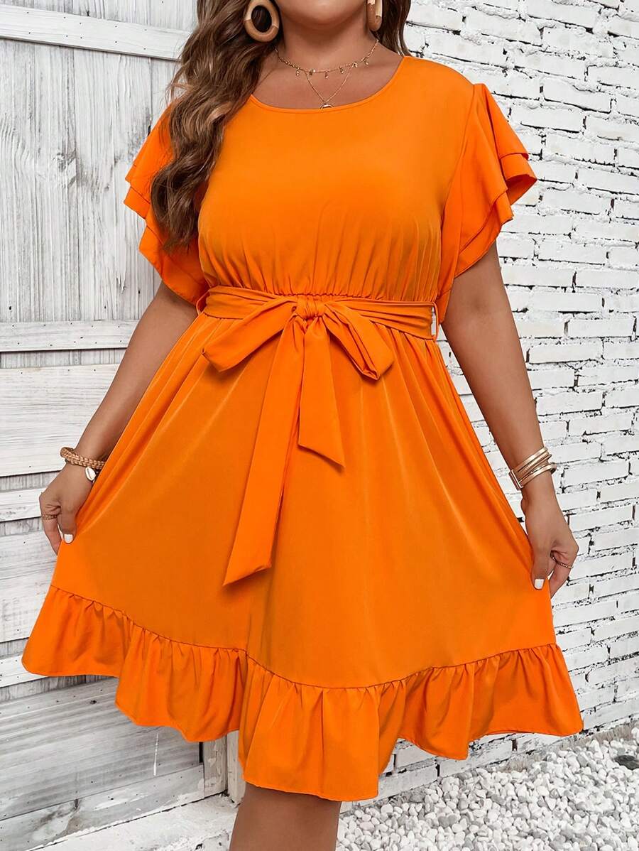 SHEIN LUNE Đầm Plus Size Thắt lưng Viên lá sen màu trơn Giải trí - trái cam - Xem 1