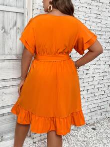 SHEIN LUNE Đầm Plus Size Thắt lưng Viên lá sen màu trơn Giải trí - trái cam - Xem 2
