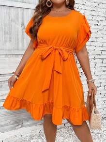 SHEIN LUNE Đầm Plus Size Thắt lưng Viên lá sen màu trơn Giải trí - trái cam - Xem 3