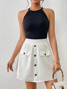 SHEIN Frenchy Váy nữ Nút phía trước màu trơn Giải trí - trắng - Xem 4