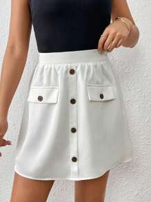 SHEIN Frenchy Váy nữ Nút phía trước màu trơn Giải trí - trắng - Xem 1