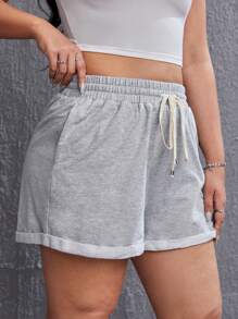 SHEIN EZwear Shorts bajo de doblez de cintura con cordón - Gris Claro - Ver 4