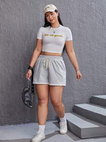 SHEIN EZwear Shorts bajo de doblez de cintura con cordón - Gris Claro - Ver 5