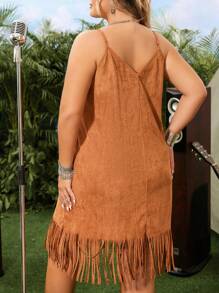 SHEIN VCAY Plus Fringe Hem Faux Suede Cami Dress Without Belt - Brown - View 2