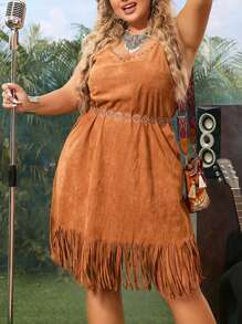 SHEIN VCAY Plus Fringe Hem Faux Suede Cami Dress Without Belt - Brown - View 4