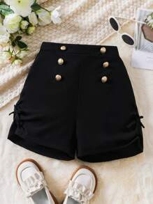 Tween Girl Button Detail Ruched Knot Side Shorts - Black - View 1
