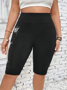 SHEIN LUNE 大碼蝴蝶圖案騎行褲 - 黑色 - 查看 4