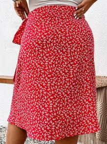 SHEIN VCAY 大碼碎花側打結裹身裙 - 紅色 - 查看 2