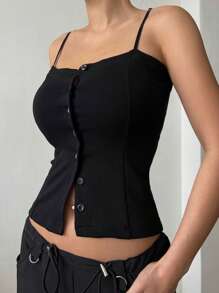 DAZY Button Front Cami Top Y2k For Women - Black - View 1