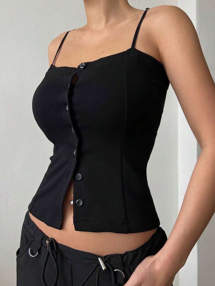 DAZY Button Front Cami Top Y2k For Women - Black - View 1