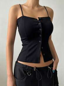 DAZY Button Front Cami Top Y2k For Women - Black - View 3