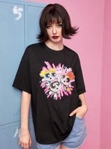 The Powerpuff Girls | ROMWE Áo thun nữ Hoạt hình Giải trí - màu đen - Xem 7