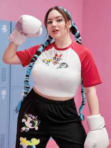 The Powerpuff Girls | ROMWE 大碼卡通圖案插肩袖短款T恤 - 紅白色 - 查看 1