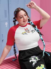 The Powerpuff Girls | ROMWE 大碼卡通圖案插肩袖短款T恤 - 紅白色 - 查看 4