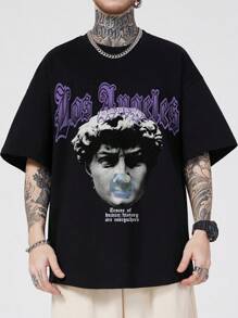 ROMWE MEN Camiseta Gráfica De Figura Masculina Y Eslogan - Negro - Ver 1