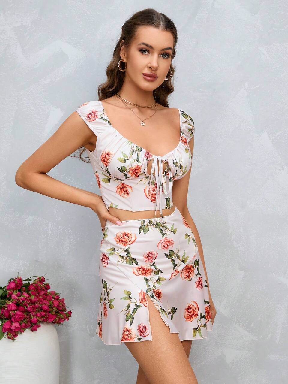 PARTHEA Floral Print Tie Front Crop Top & Skirt
