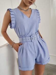 Sollinarry 荷葉邊背心上衣和紙袋腰附腰帶短褲 - 霧霾藍 - 查看 1