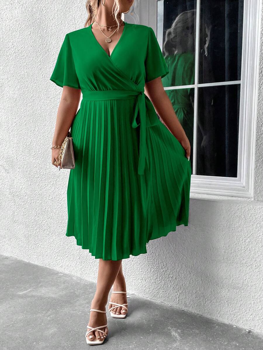 SHEIN Clasi Đầm Plus Size Thắt lưng Xếp li Trọn gói màu trơn Giải trí - màu xanh lá - Xem 1