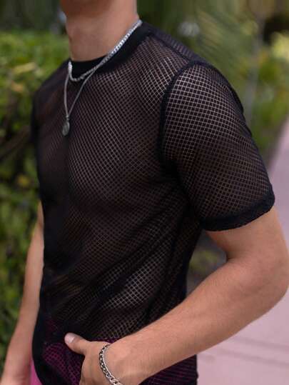 Manfinity Homme Herren T-Shirts mit passgenauem Rundhalsausschnitt, Kurzarm, sexy Mode Herren Sommer Netzoberteil