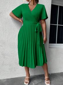 SHEIN Clasi Đầm Plus Size Thắt lưng Xếp li Trọn gói màu trơn Giải trí - màu xanh lá - Xem 6