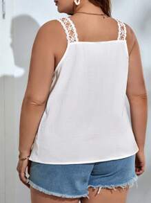 SHEIN VCAY Áo hai dây Plus Size Tương phản ren Trọn gói màu trơn Giải trí - trắng - Xem 2