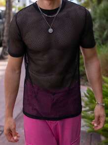 Manfinity Homme Men T-Shirts Fit Crew Neck Short Sleeve Sexy Fashion Men Summer Mesh Top Tee