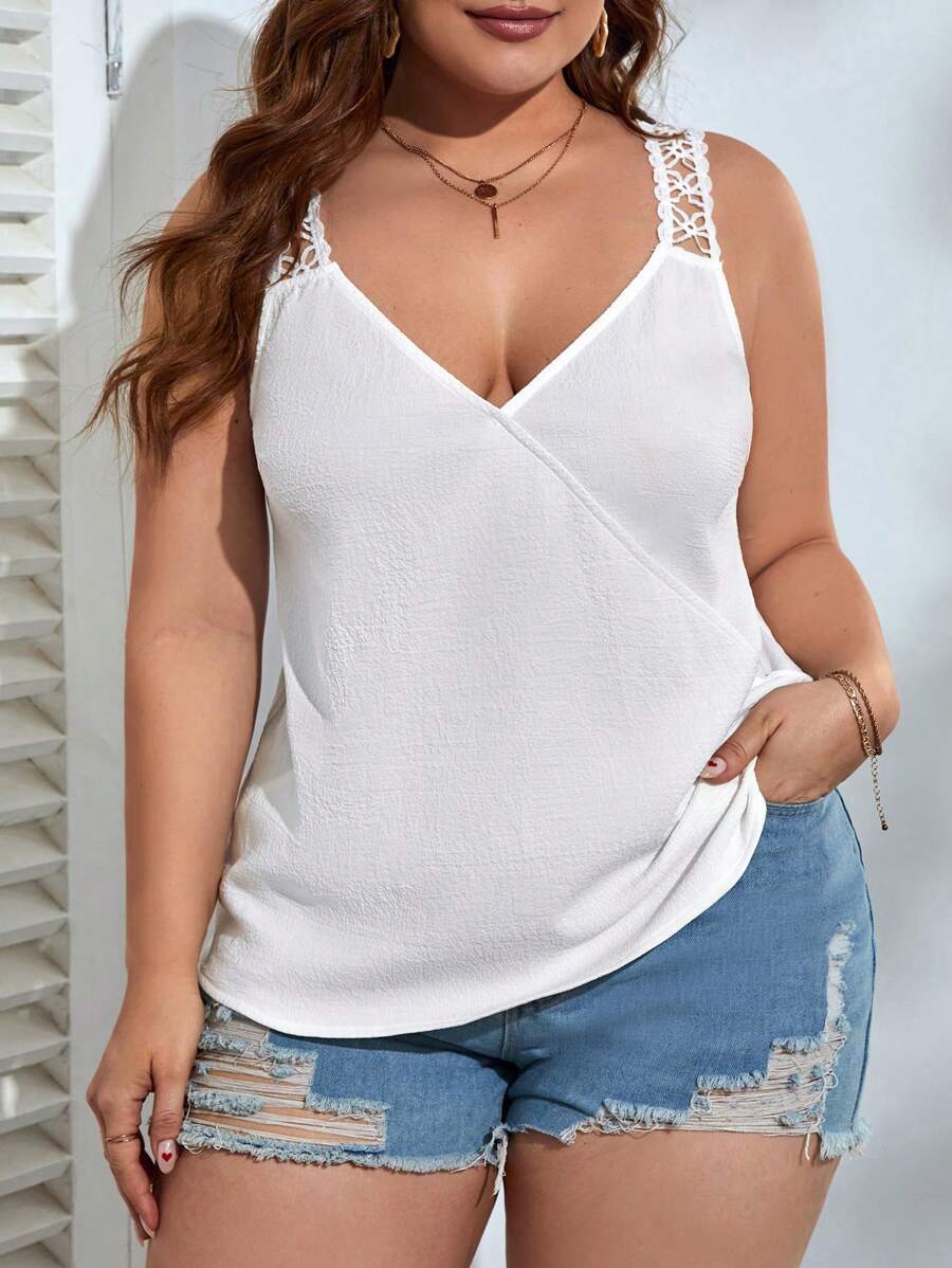 SHEIN VCAY Áo hai dây Plus Size Tương phản ren Trọn gói màu trơn Giải trí - trắng - Xem 1