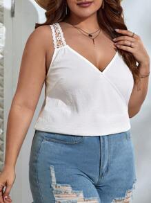 SHEIN VCAY Áo hai dây Plus Size Tương phản ren Trọn gói màu trơn Giải trí - trắng - Xem 6