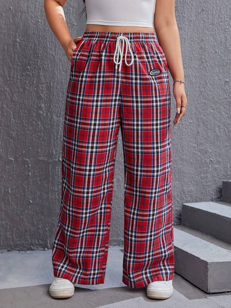 Plus Plaid Print Drawstring Waist Wide Leg Pants