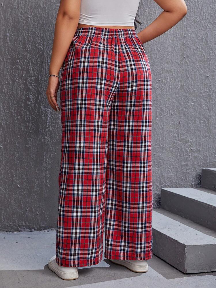 Plus Plaid Print Drawstring Waist Wide Leg Pants