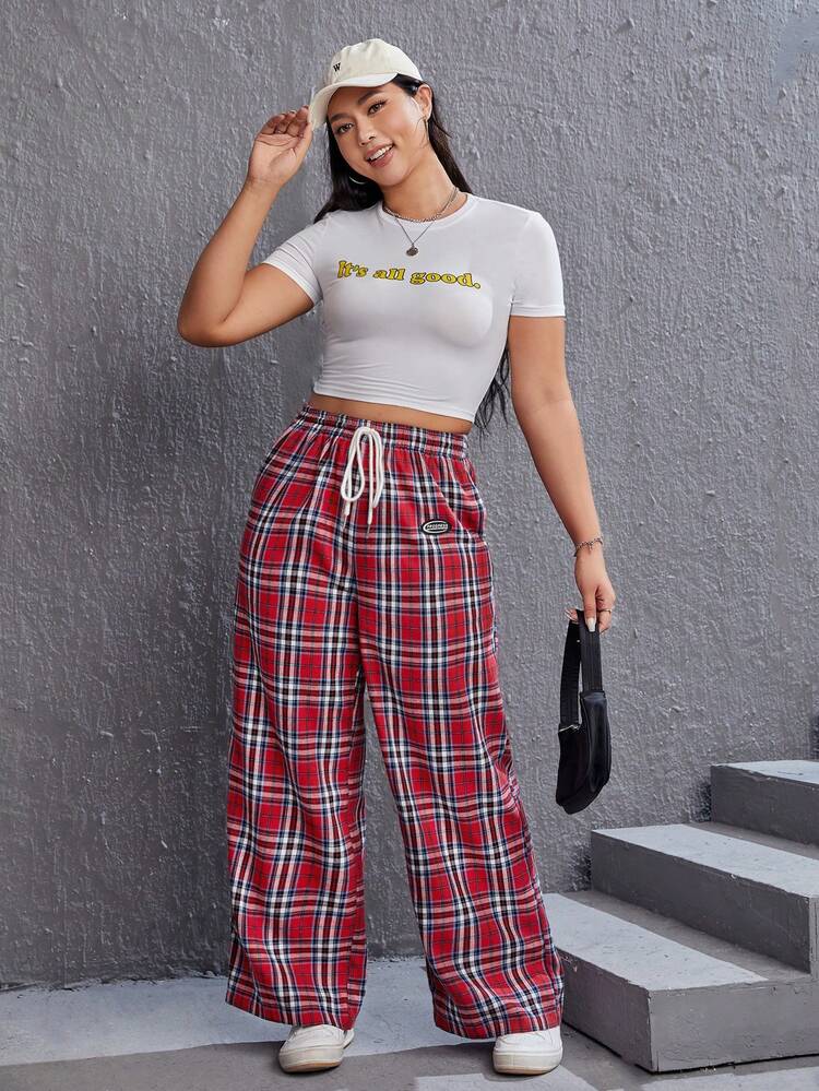 Plus Plaid Print Drawstring Waist Wide Leg Pants
