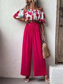SHEIN VCAY Bộ đồ hai mảnh nữ Dải chun Hoa Boho - Màu Hồng Tươi - Xem 2