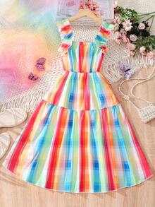 Chicas Vestido de cuadros ribete con fruncido bajo irregular - Multicolor - Ver 2