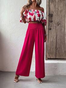 SHEIN VCAY Bộ đồ hai mảnh nữ Dải chun Hoa Boho - Màu Hồng Tươi - Xem 4