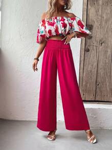 SHEIN VCAY Bộ đồ hai mảnh nữ Dải chun Hoa Boho - Màu Hồng Tươi - Xem 5