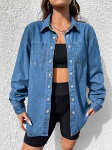 SHEIN ICON Damskie Topy Jeansowe Kieszeń Guziki z przodu Prosty Casual
