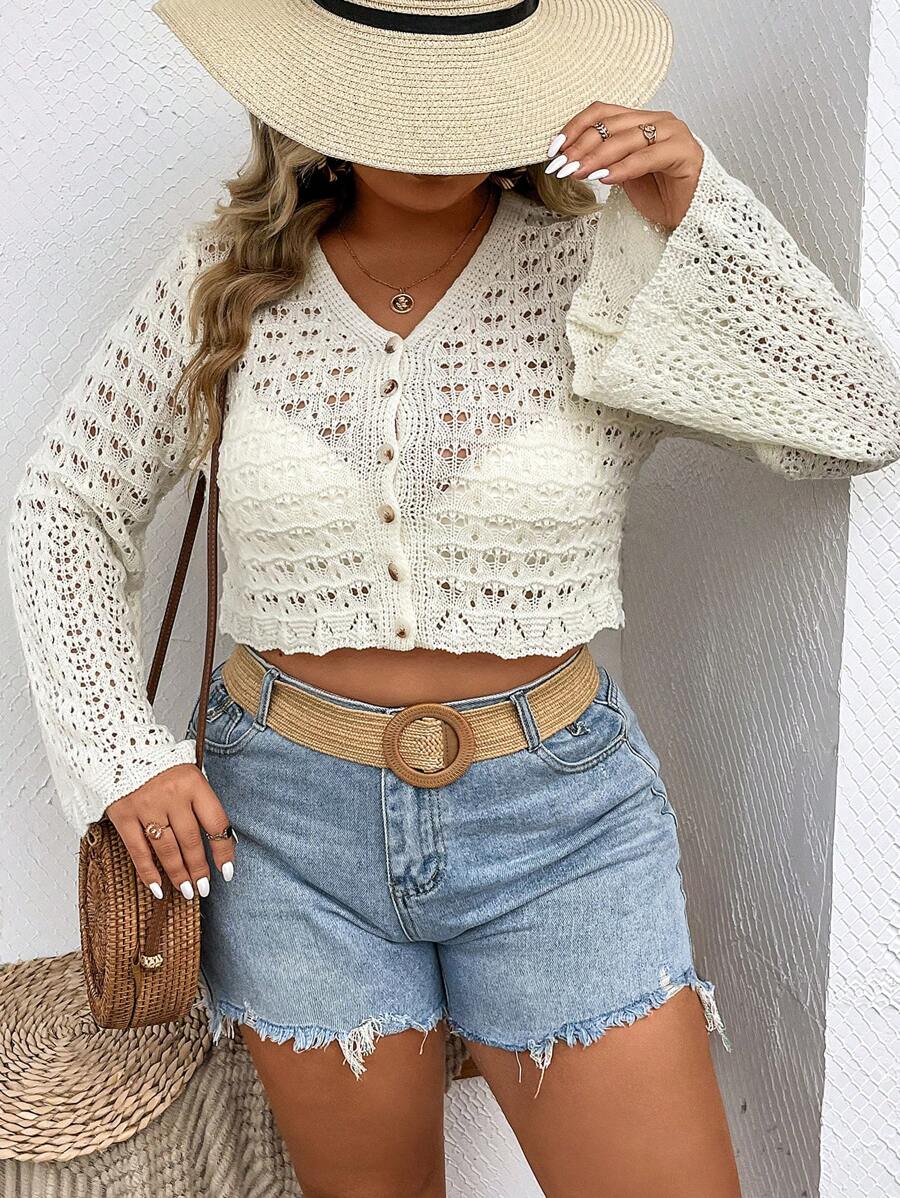SHEIN VCAY 大碼網眼針織前紐扣短款開衫不附文胸 - 白色 - 查看 1