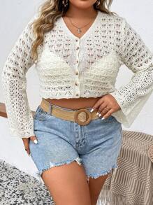 SHEIN VCAY 大碼網眼針織前紐扣短款開衫不附文胸 - 白色 - 查看 3