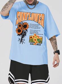 ROMWE MEN Guys Sunflower & Slogan Graphic Tee - Baby Blue - View 6