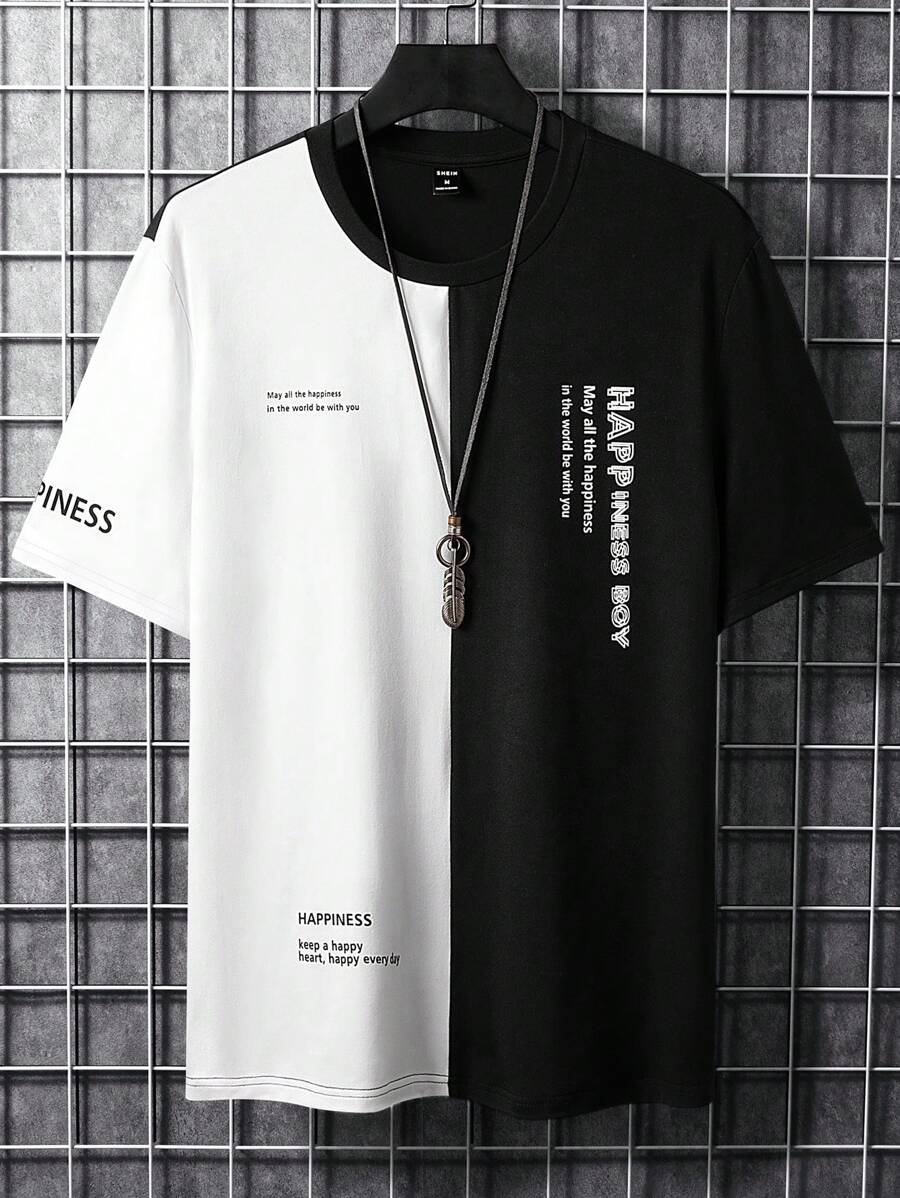 Manfinity Homme Men T-Shirts Fit Crew Neck Short Sleeve Slogan Tee Simple Summer Polyester - Black and White - View 1