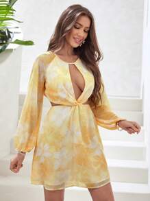 SHEIN VCAY Floral Print Cut Out Lantern Sleeve Dress - Yellow - View 3