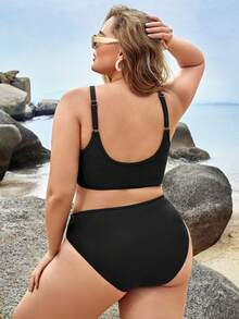 SHEIN Swim Curve Plus Size Contrast Mesh Bikini Set Summer Beach - Black - View 3