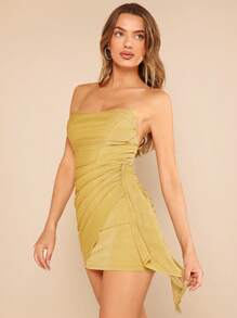 SHEIN BAE Ruched Side Wrap Hem Glitter Tube Bodycon Dress - Yellow - View 2